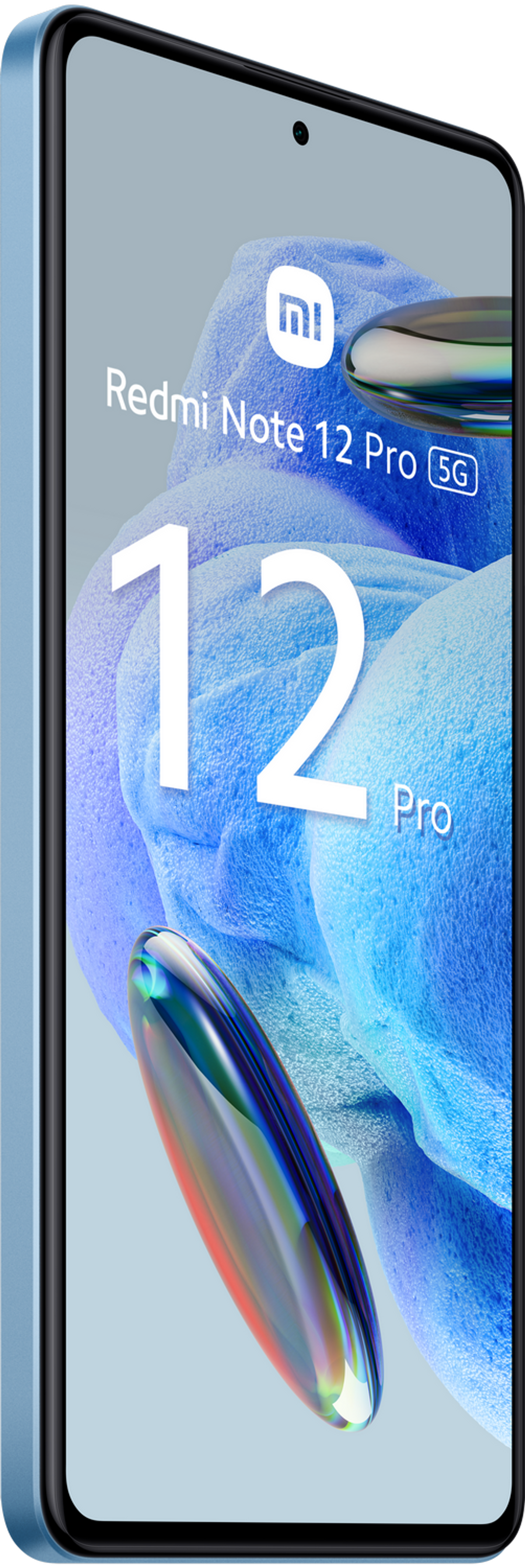 Blauwe smartphone in perspectiefweergave, met het Redmi Note 12 Pro 5G-logo.