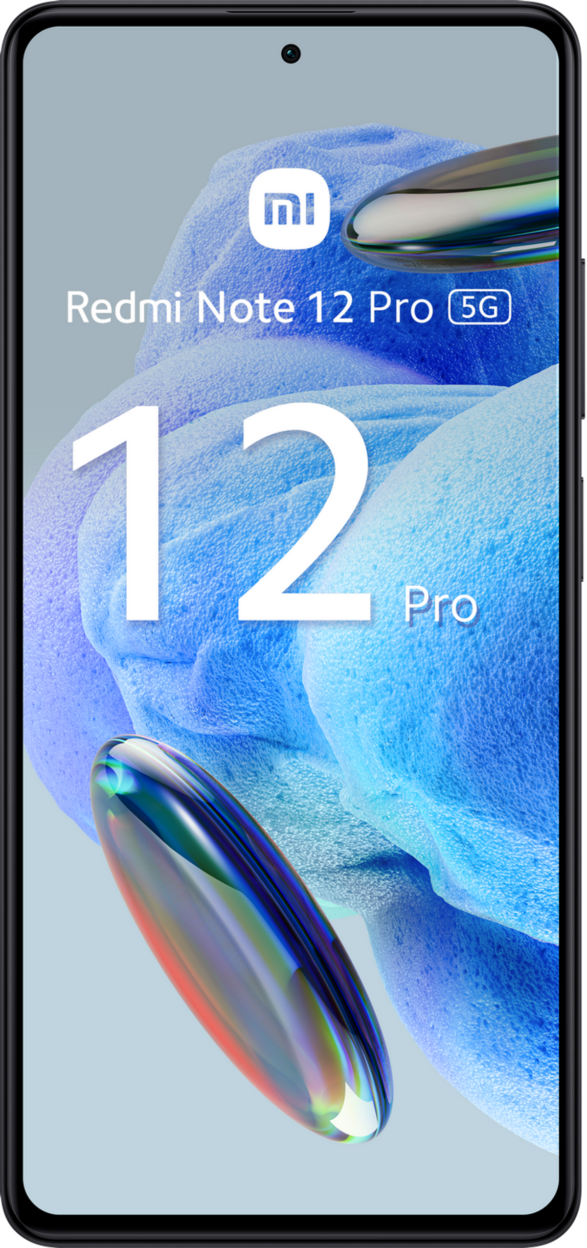 Uno smartphone nero con il logo Redmi Note 12 Pro 5G e uno sfondo blu ondulato.