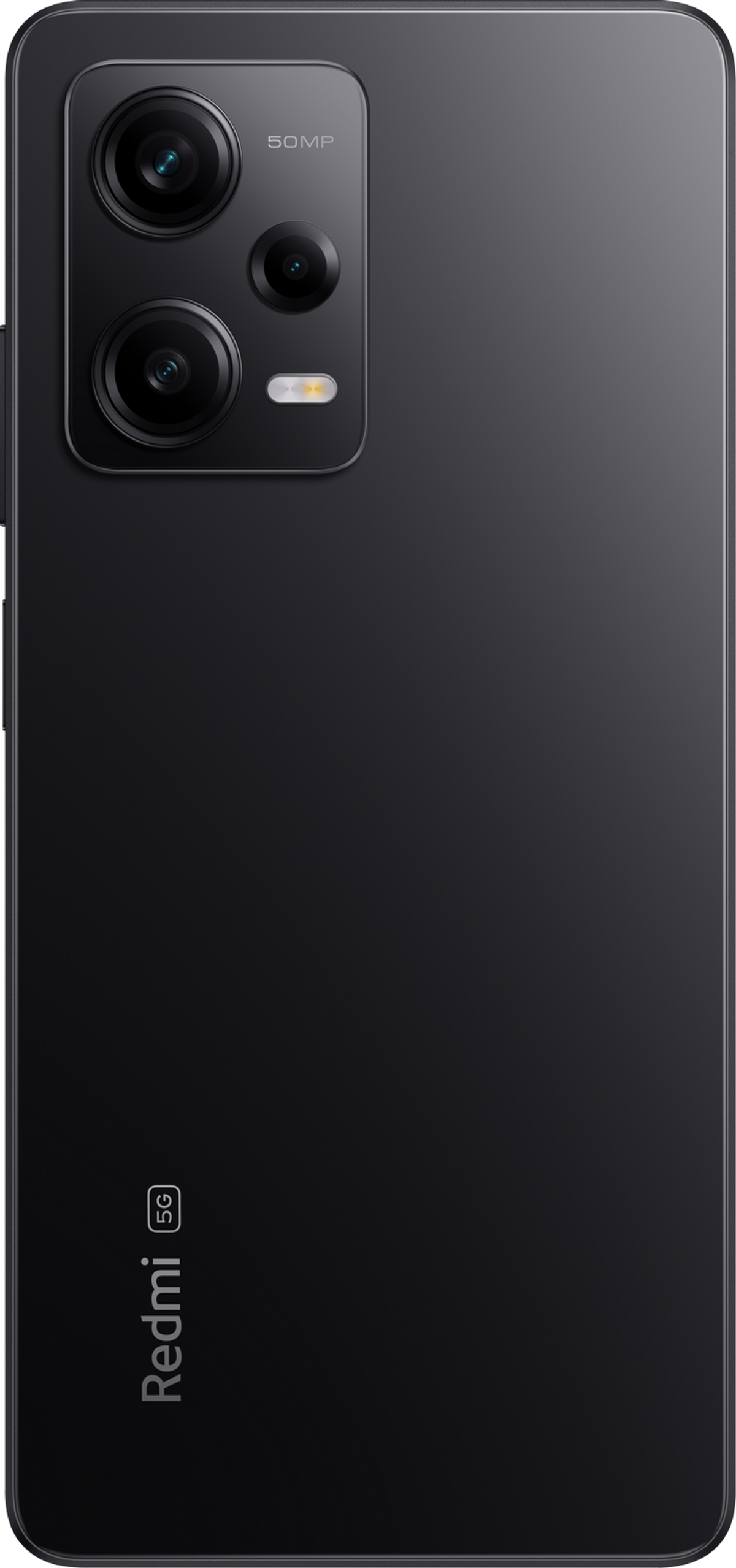 Smartphone nero con sistema a tripla fotocamera. Il telefono dice Redmi 5G in basso.
