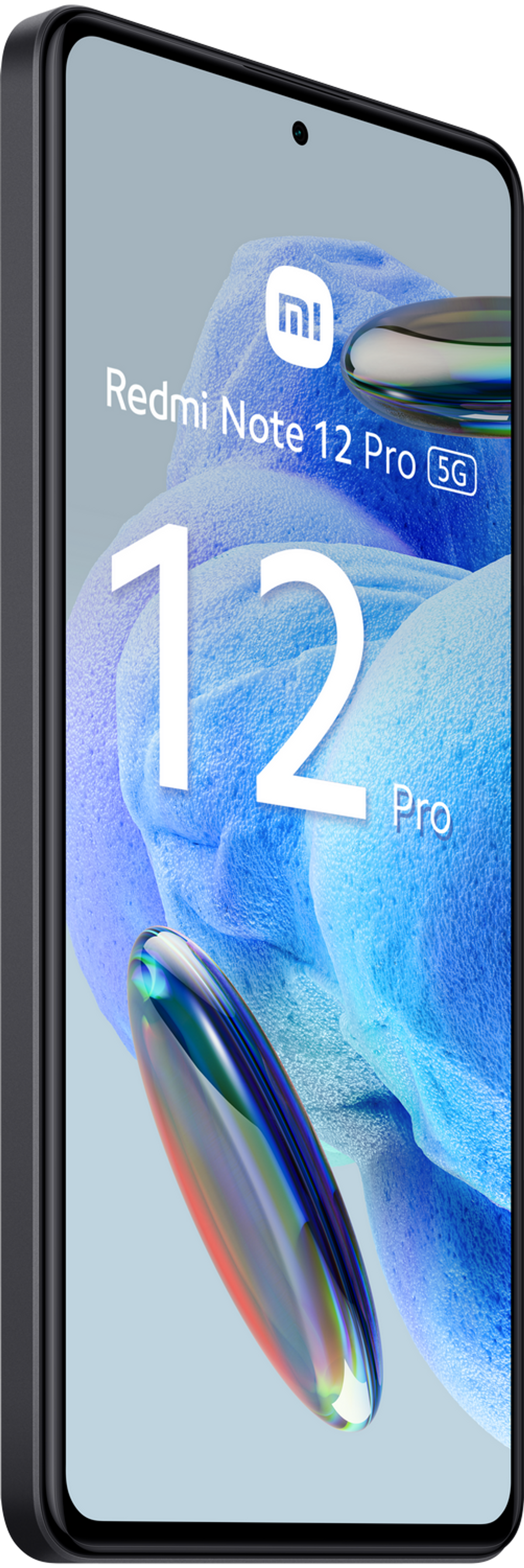 Uno smartphone nero con un grande schermo, che mostra il Redmi Note 12 Pro 5G.