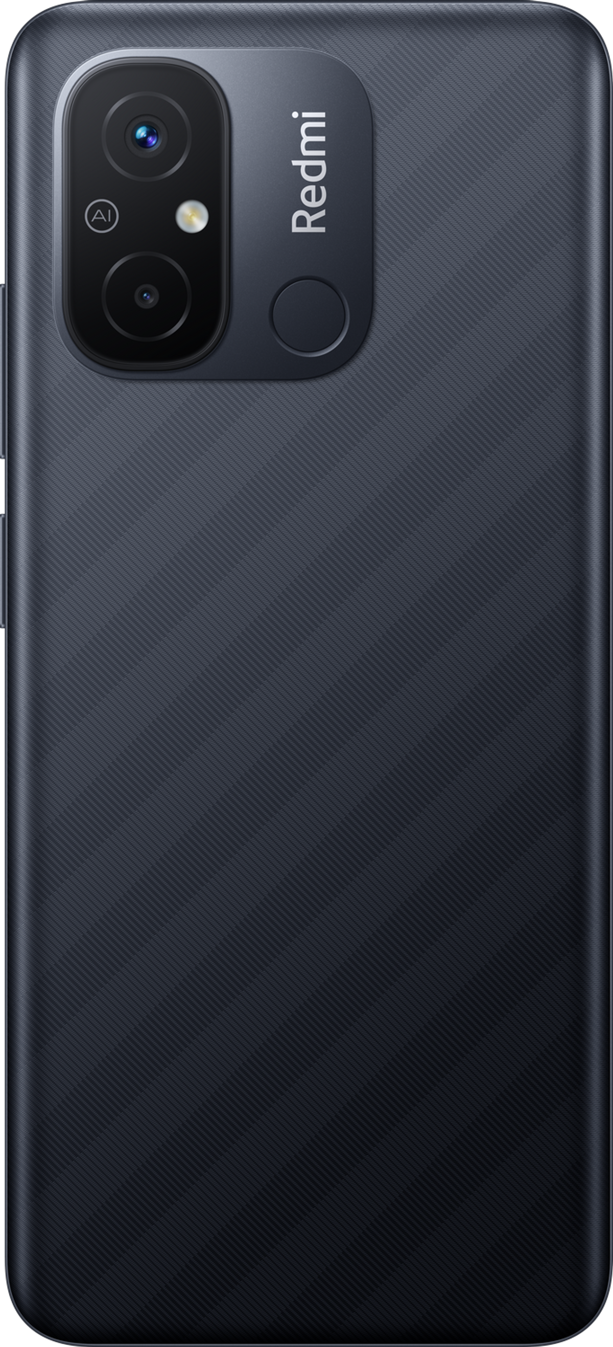 Die Rückseite eines dunkelblauen Redmi-Smartphones mit zwei Kameras und einem Fingerabdrucksensor.