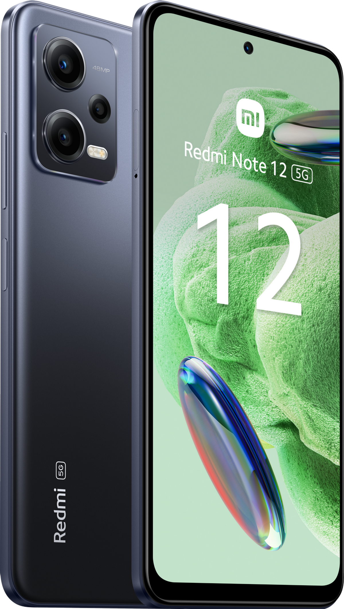 Ein blaues Redmi Note 12 5G-Telefon auf weißer Oberfläche, mit grün gemustertem Hintergrund. Seitenansicht.