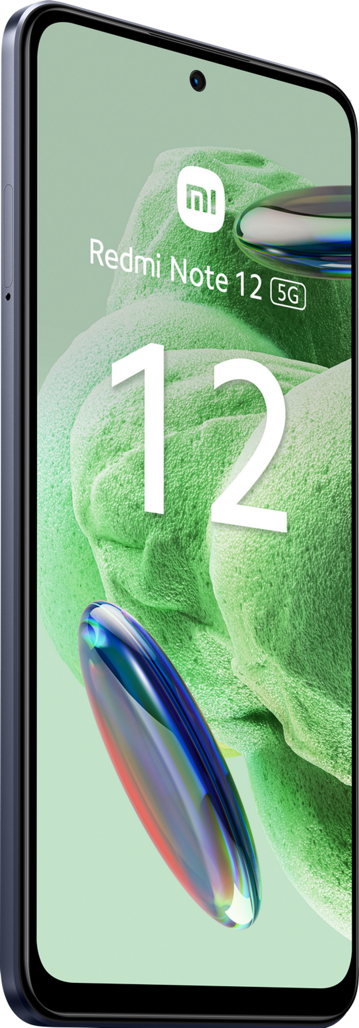 Ein blaues Redmi Note 12 5G Smartphone, leicht angewinkelt, zeigt seinen Bildschirm und sein Design.
