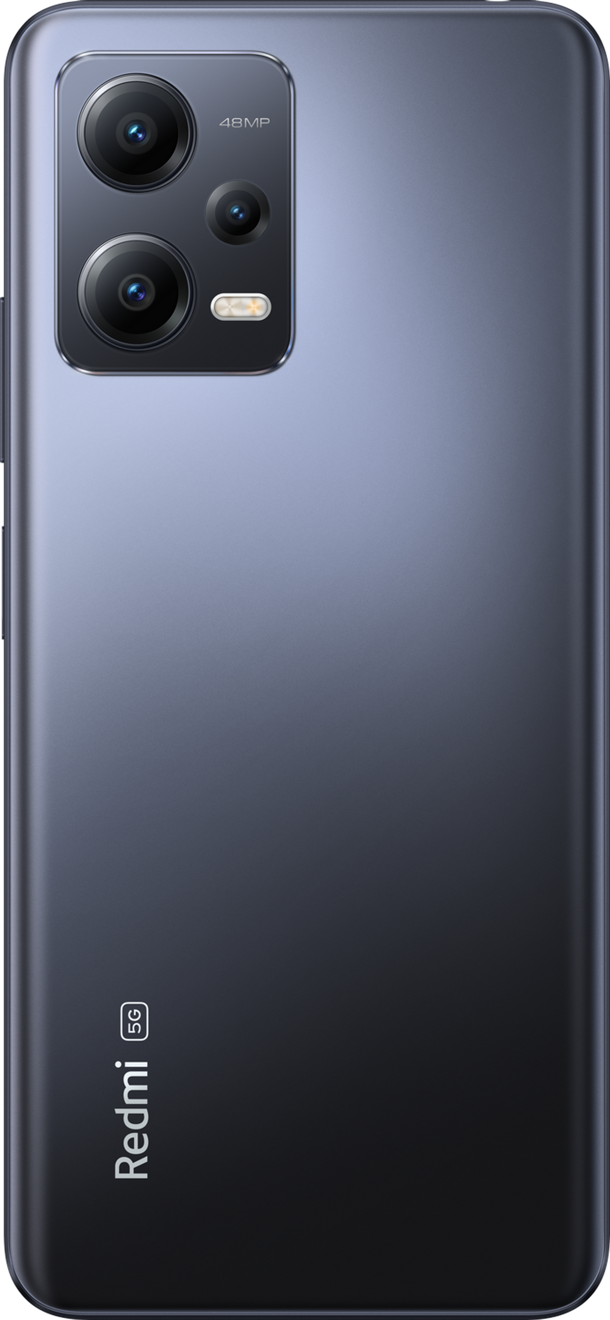 Ein schwarz-graues Smartphone mit Dreifachkamera auf der Rückseite. Redmi 5G Logo.