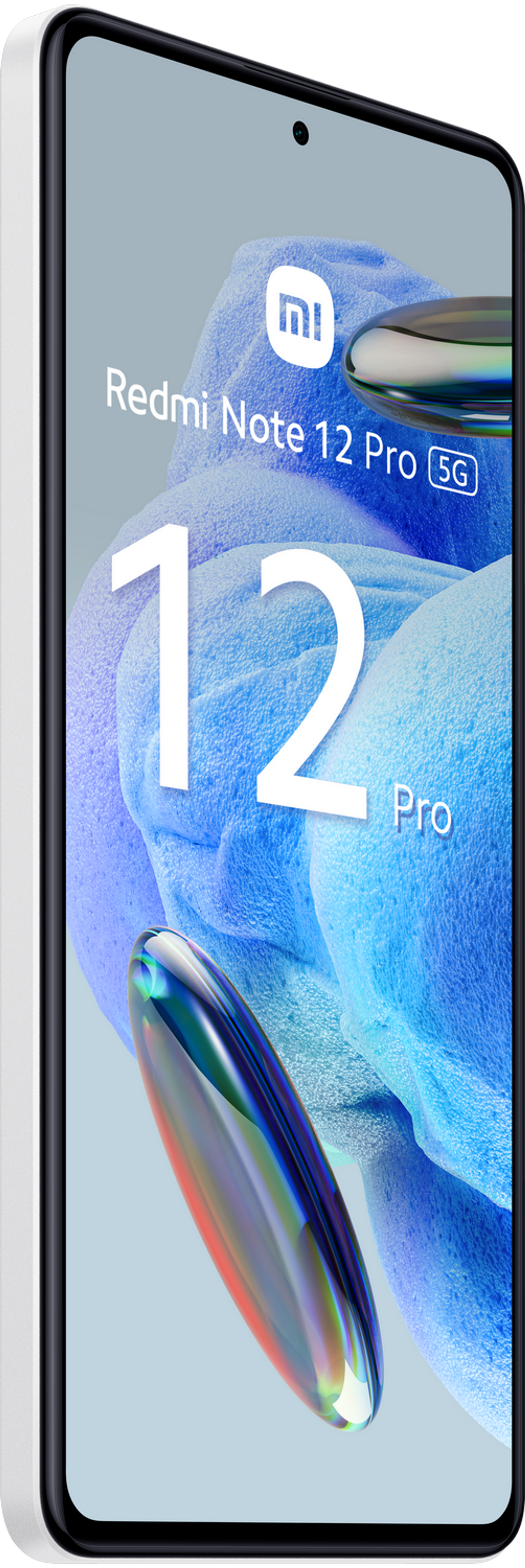 Biało-czarny telefon z tekstem Redmi Note 12 Pro 5G i numerem 12 Pro na ekranie.