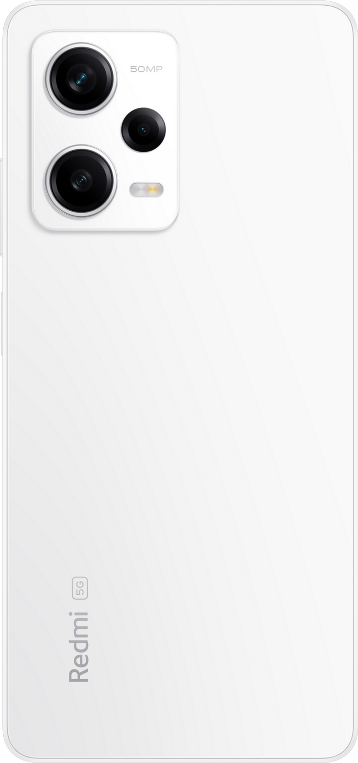 Tył białego smartfona, z potrójnym aparatem i logo Redmi na dole.