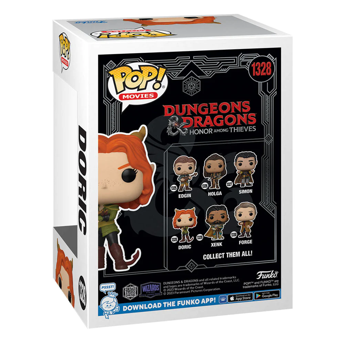 Parte trasera de una caja de Pop! Movies. Muestra la figura de Doric y otros personajes de Dungeons & Dragons: Honor Among Thieves.