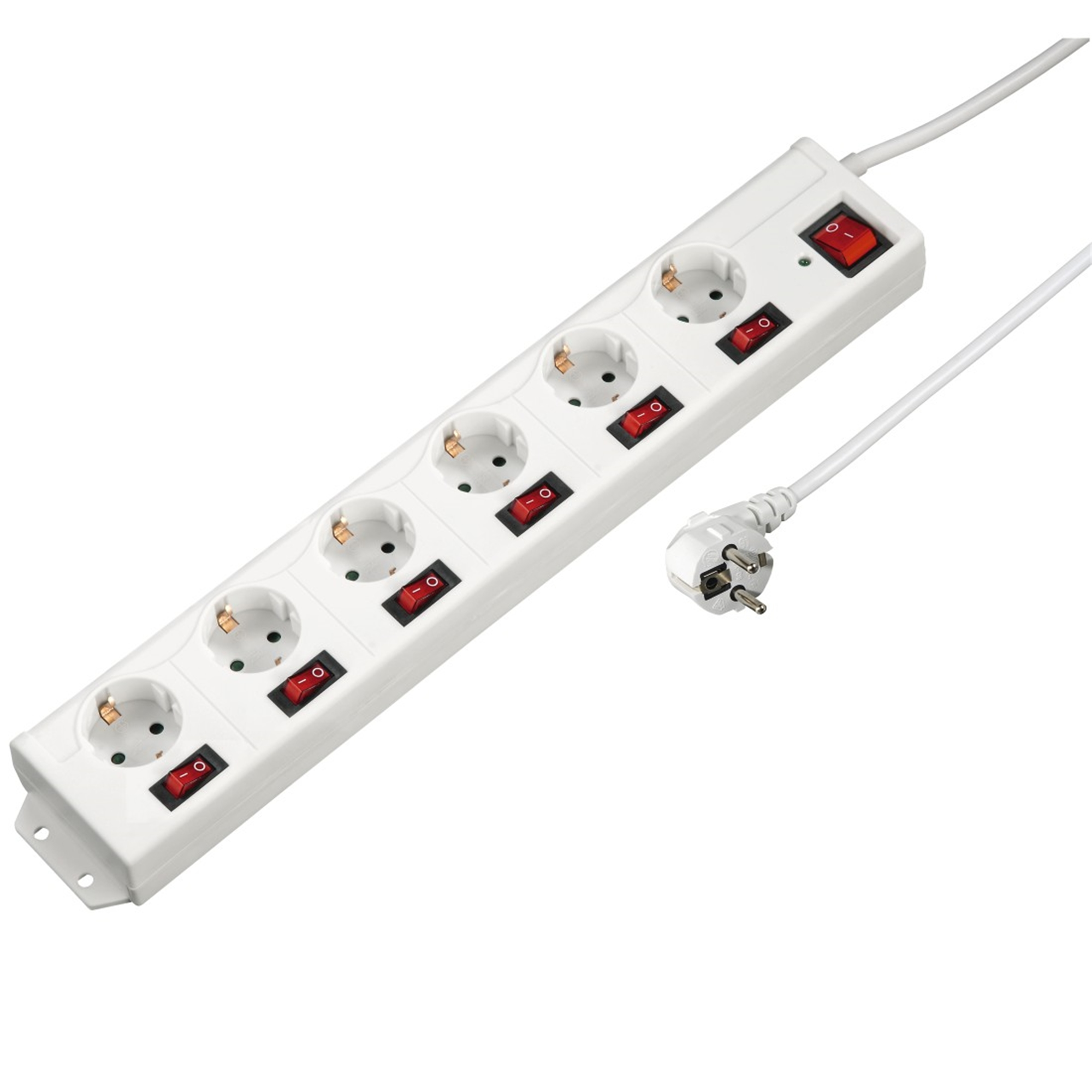 Biała listwa zasilająca z sześcioma gniazdami i wtyczką, na białym tle.