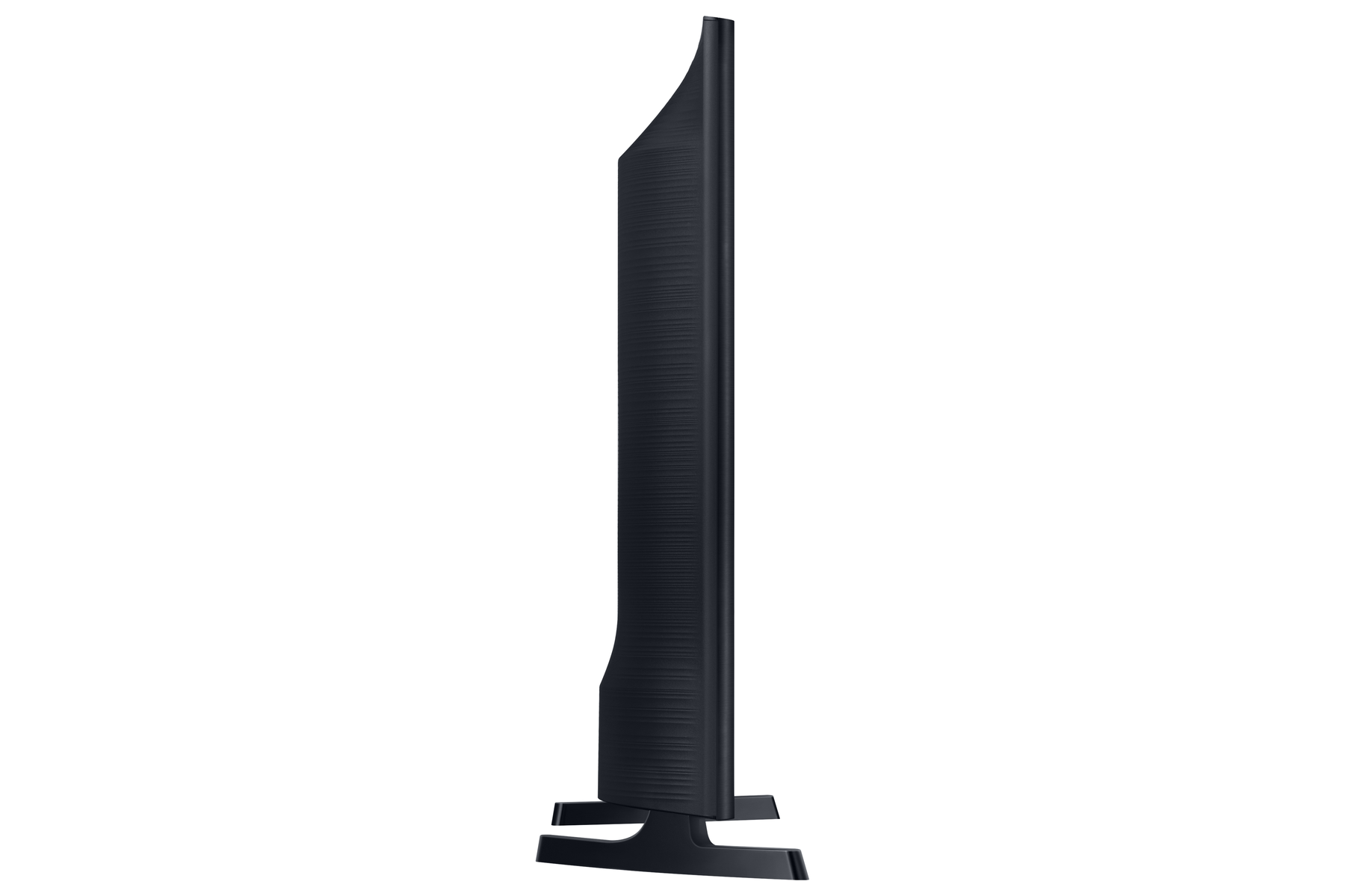TV Samsung nero, vista laterale. Design elegante, cornice sottile, due piedi.