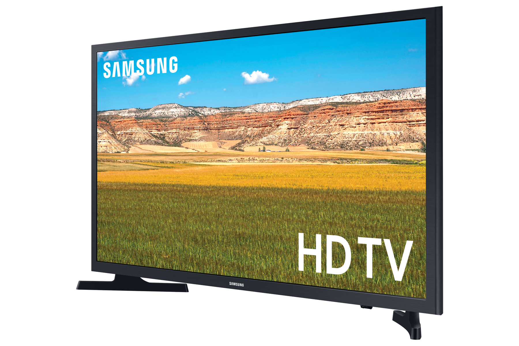 TV Samsung HD con scena paesaggistica sullo schermo. La TV è su un supporto, logo Samsung visibile.