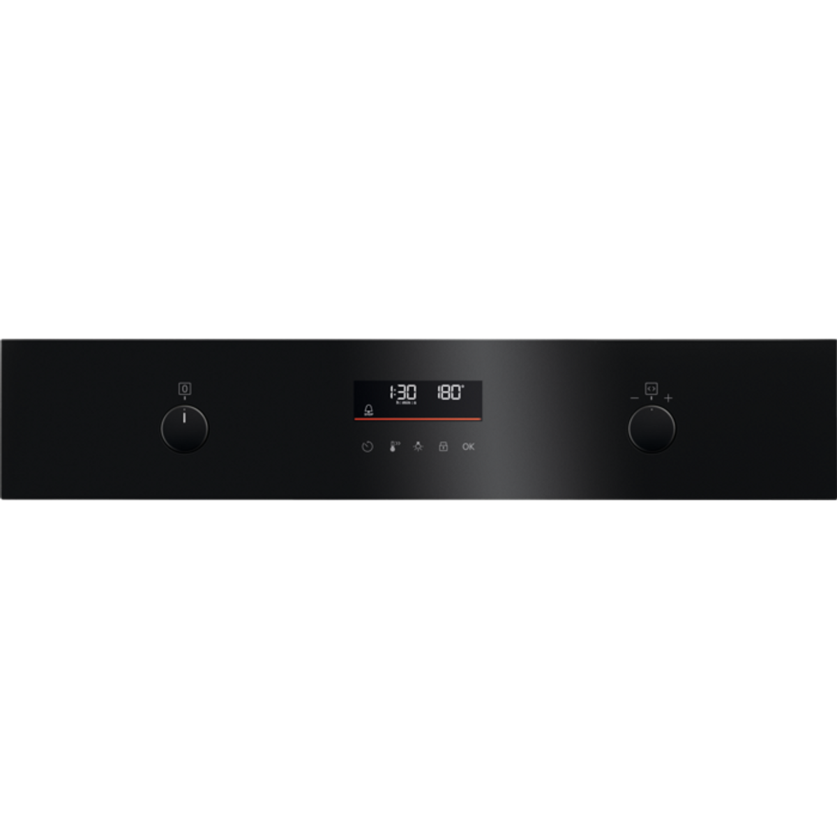 Pantalla negra del horno que muestra la hora y la temperatura. La pantalla tiene controles táctiles e indicadores.