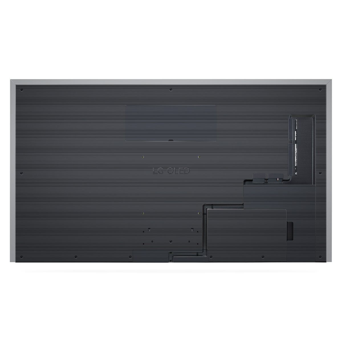 Retro di una grande TV OLED LG nera, con pannello a linee orizzontali. Porte e connessioni sono visibili.