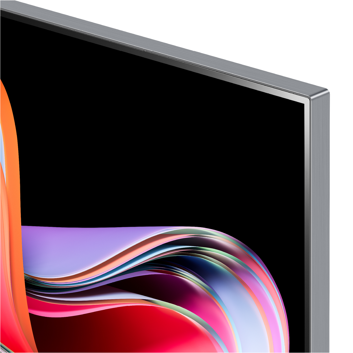 Primo piano di un angolo dello schermo TV, che mostra uno schermo nero con forme astratte colorate e curve a sinistra.