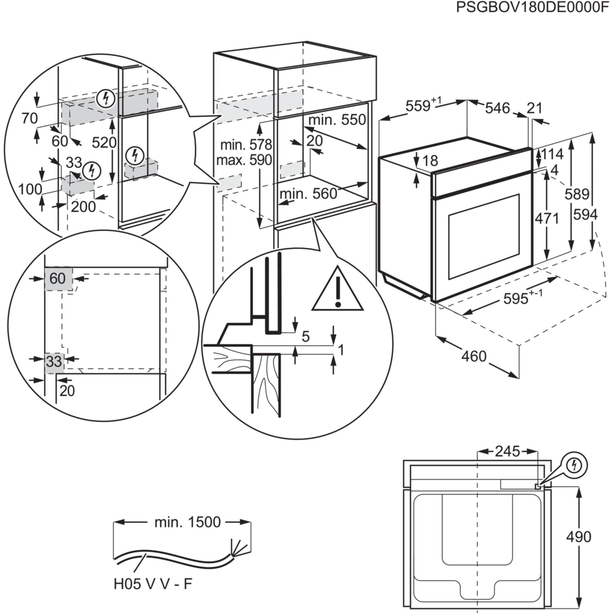 Diagrama de un horno empotrado, que muestra dimensiones y detalles de instalación con medidas y conexiones eléctricas.
