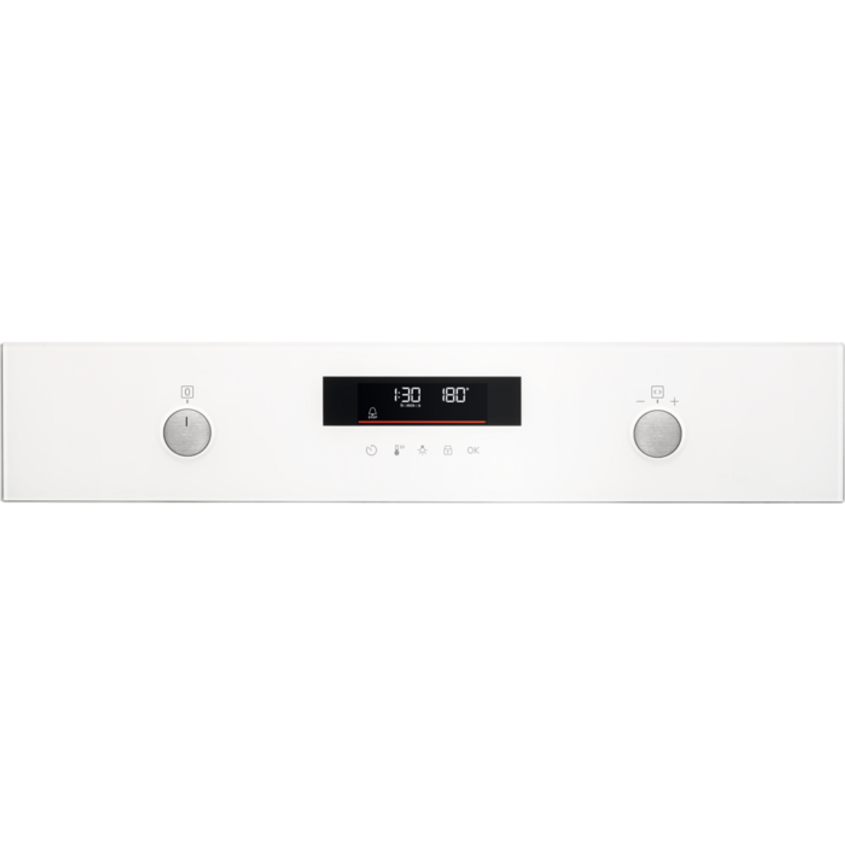 Panel de control blanco del horno con botones y pantalla digital que muestra la hora y la temperatura.