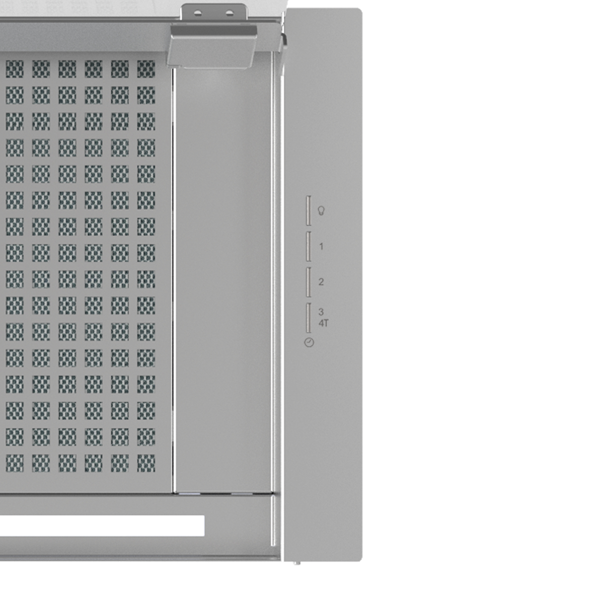 Primer plano de un extractor de cocina plateado con botones de control.