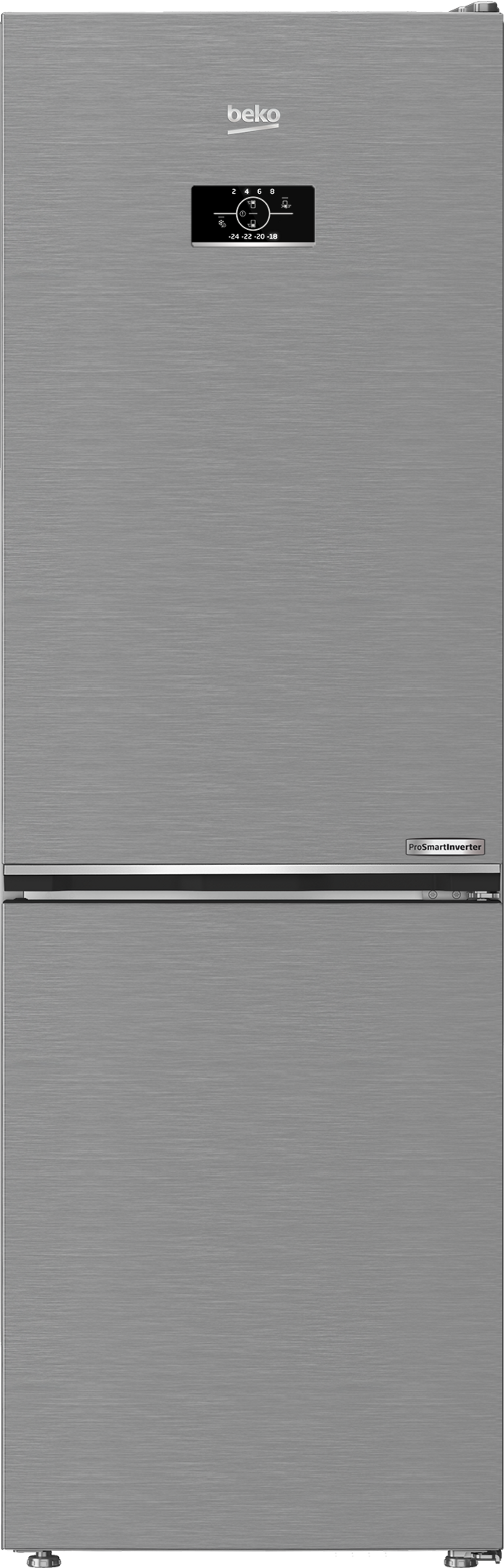 Frigorifero Beko argento con congelatore superiore. La porta ha un display digitale e una maniglia argentata.