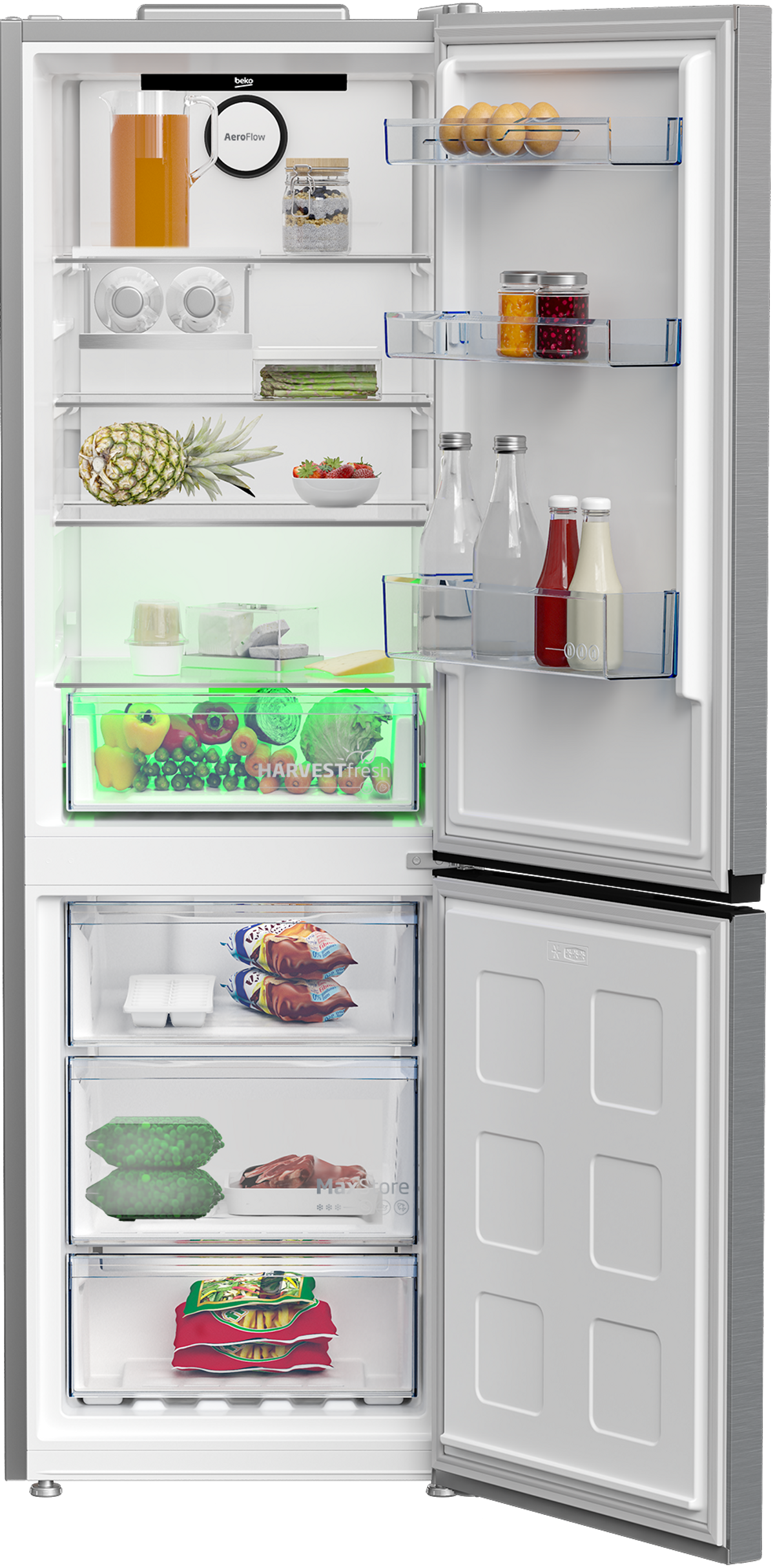 Frigorifero aperto con ripiani pieni di cibo, tra cui frutta e verdura in un cassetto per la verdura.