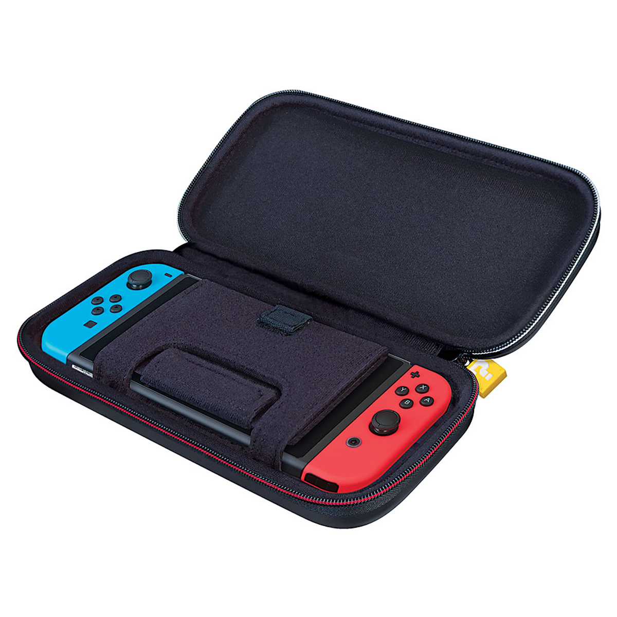 Funda negra abierta de Nintendo Switch con Switch y Joy-Cons dentro.