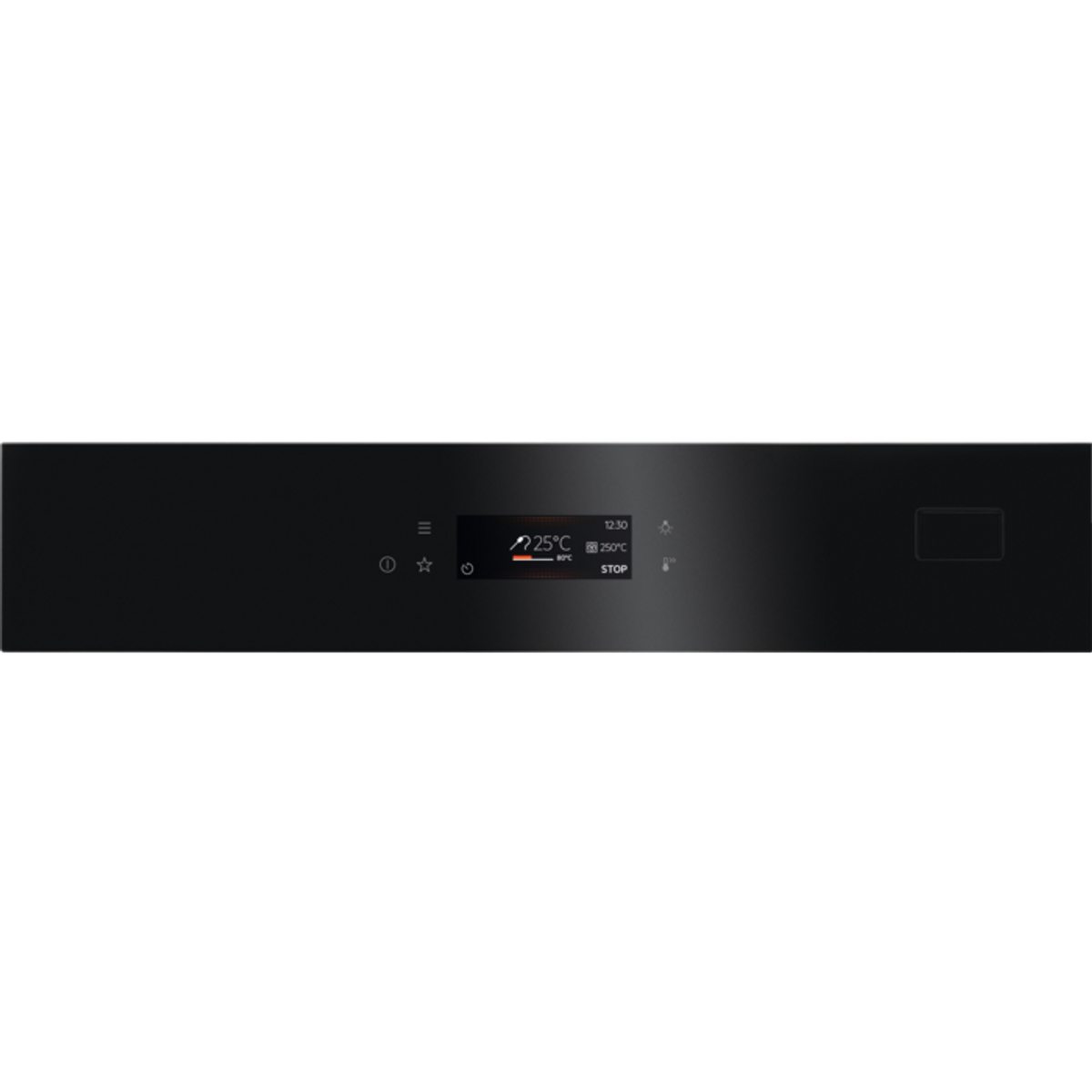 Panel de control negro del horno con botones y pantalla digital que muestra temperatura y ajustes.