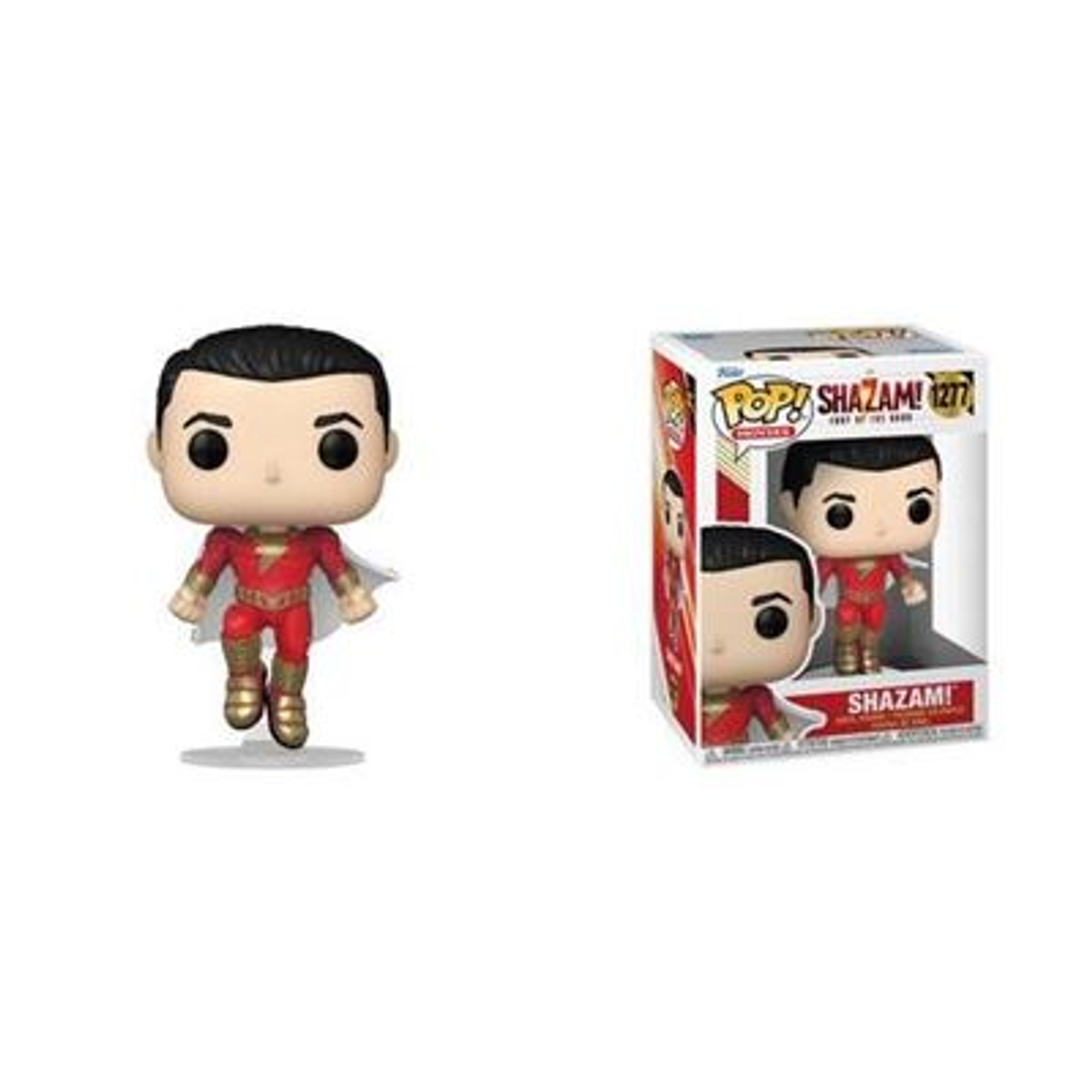 Shazam! Funko Pop Figur neben der Box. Die Figur trägt ein rot-goldenes Kostüm und hat einen weißen Umhang.