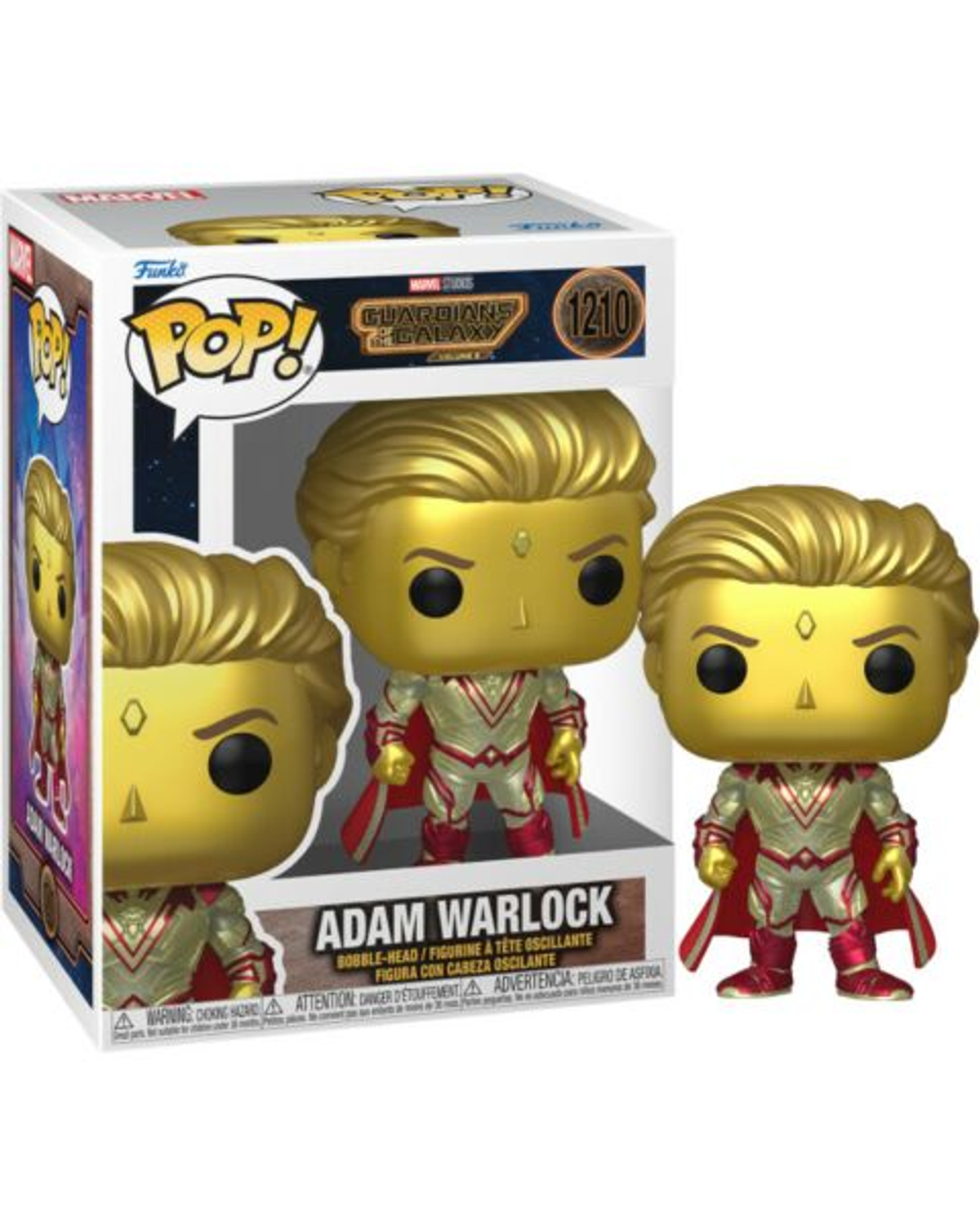 Figura Funko Pop de Adam Warlock en una caja. La figura es dorada y roja.