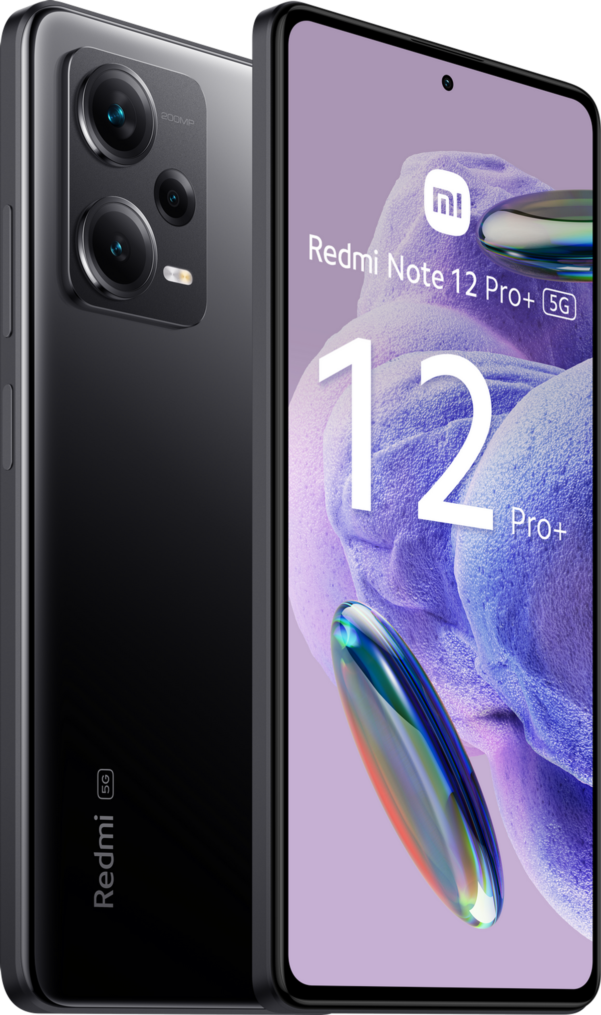 Czarny telefon Redmi Note 12 Pro+ 5G z potrójnym aparatem i wyświetlaczem.