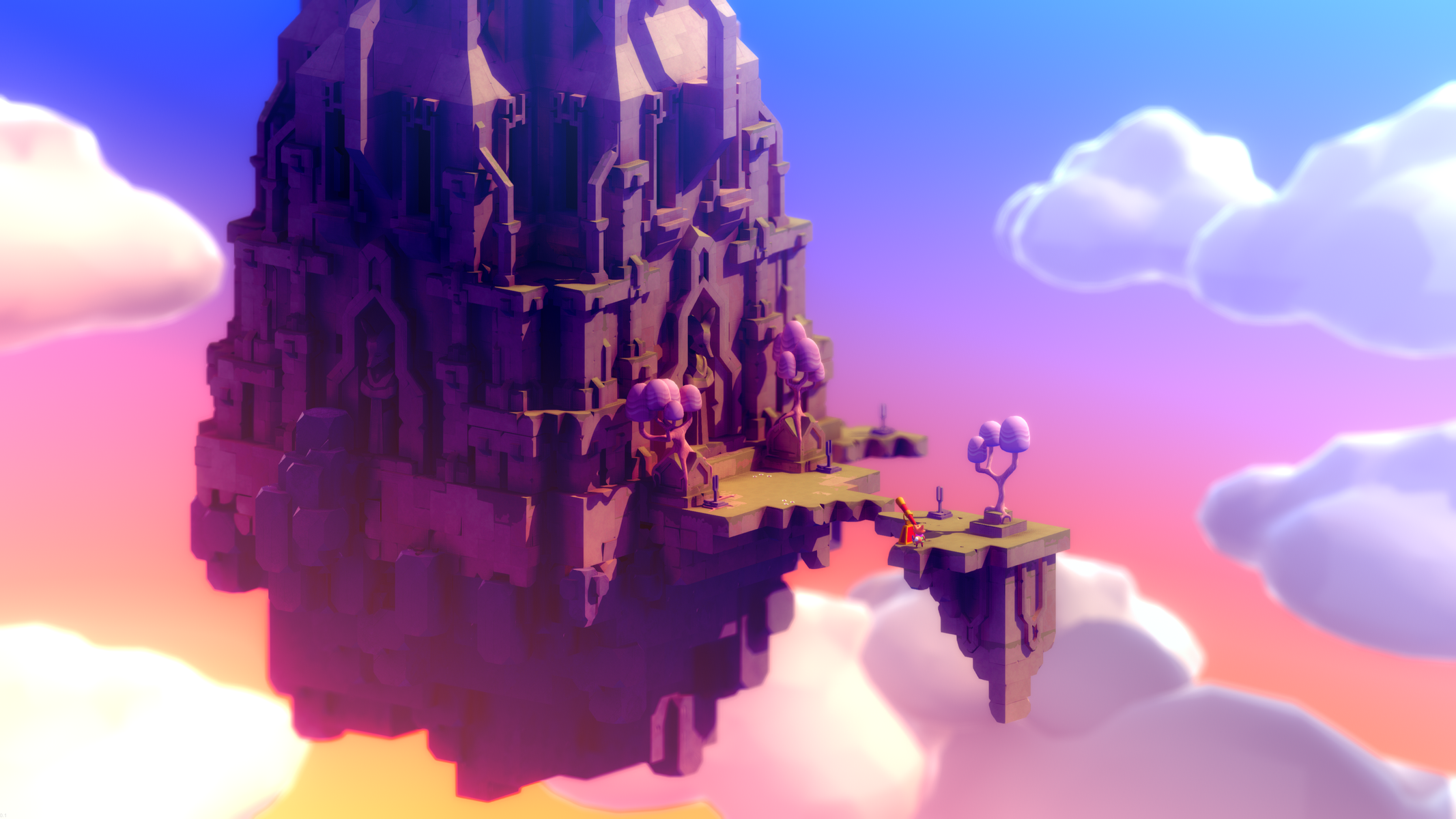 Una escena de fantasía de baja poli con un castillo en una isla flotante y nubes.