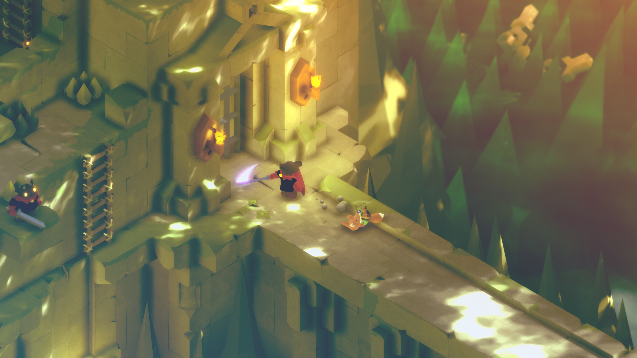 Vista isométrica de escena videojuego con personaje luchando contra enemigos en puente.