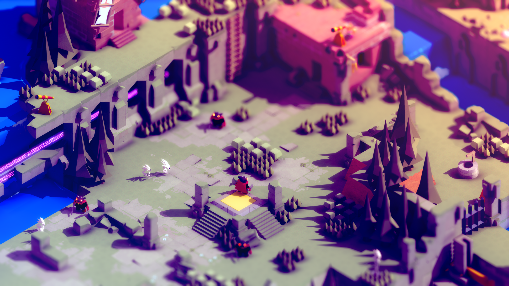 Escena de juego isométrica. Personajes en entorno low-poly con edificios.