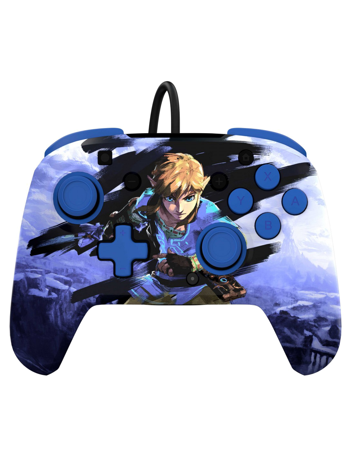 Un controller con Link di Zelda, in piedi in un paesaggio blu.
