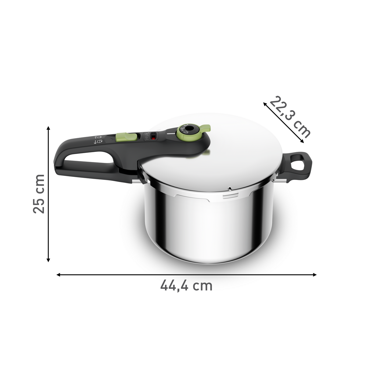 A pressure cooker with dimensions marked: 44.4cm, 25cm, and 22.3cm. It is on a white background.