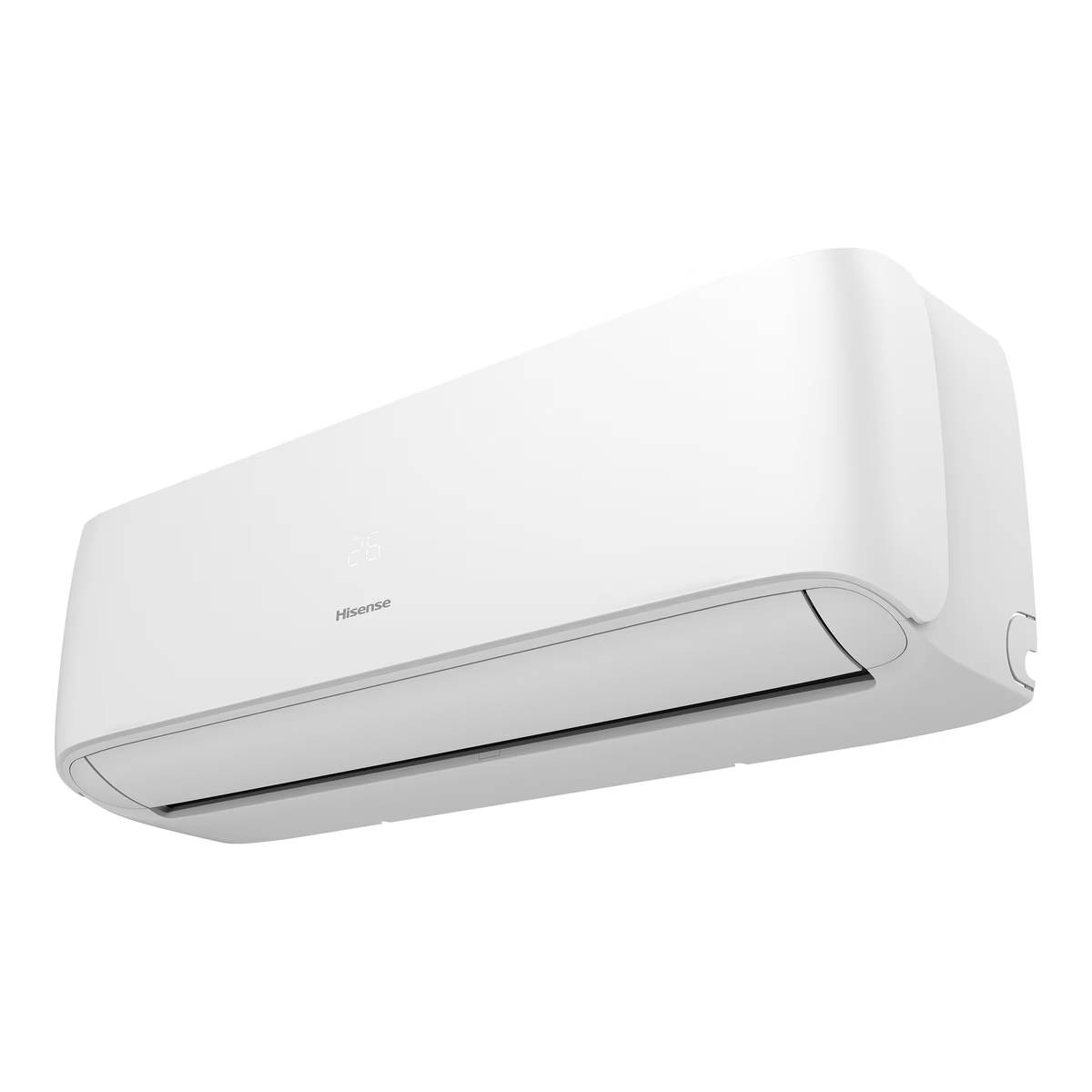 Un acondicionador de aire Hisense blanco sobre un fondo blanco. Muestra el frente de la unidad.