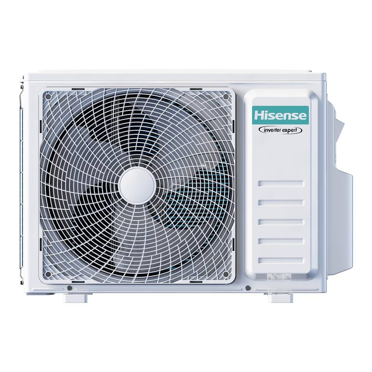 Una unidad exterior de aire acondicionado Hisense blanca. Muestra un ventilador y el logotipo de la marca en el lateral.