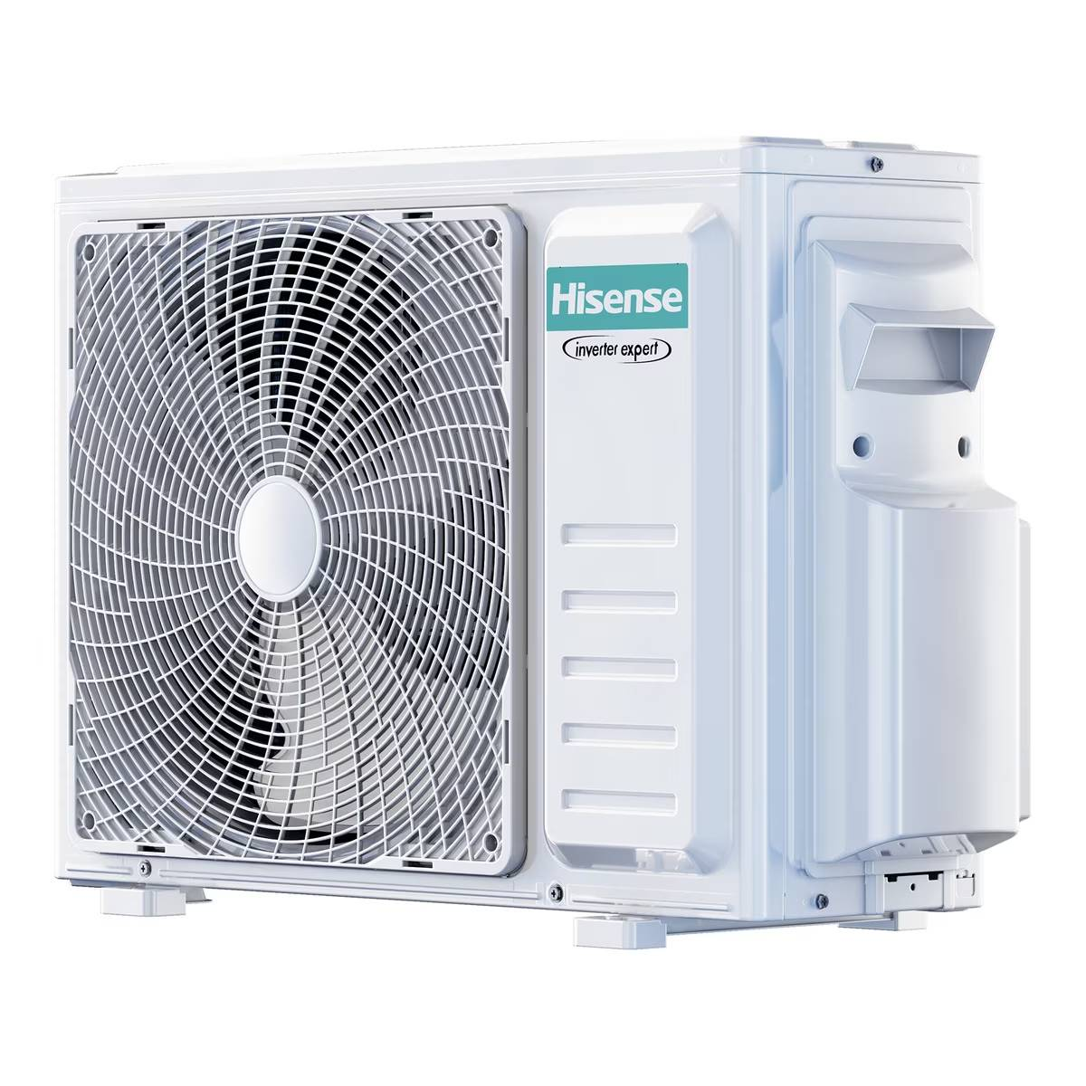 Una unidad de aire acondicionado Hisense blanca. Incluye ventilador y texto de experto en inversor.