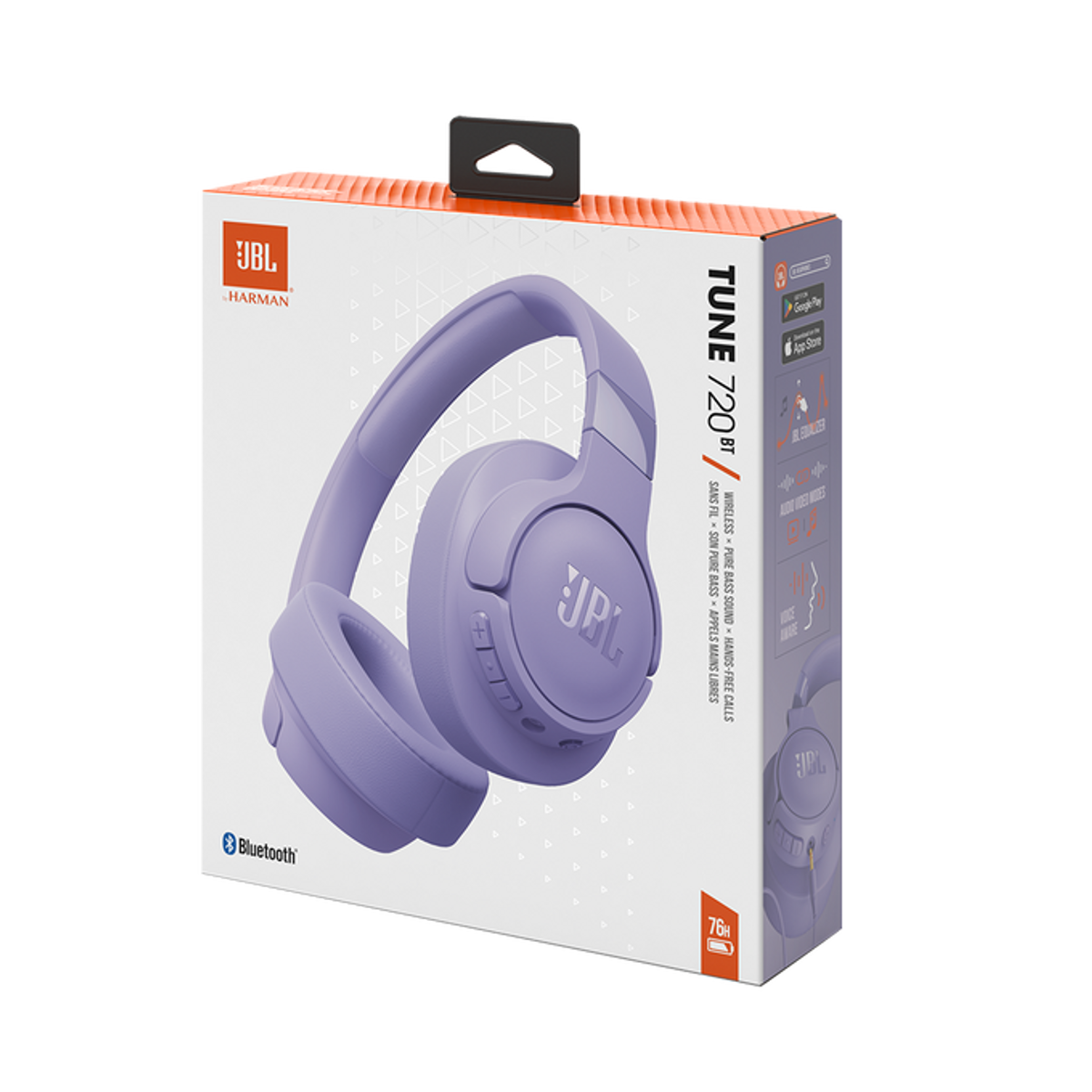 Fioletowe słuchawki JBL w pudełku. Pudełko ma biało-pomarańczowy design. Obecne logo Bluetooth.