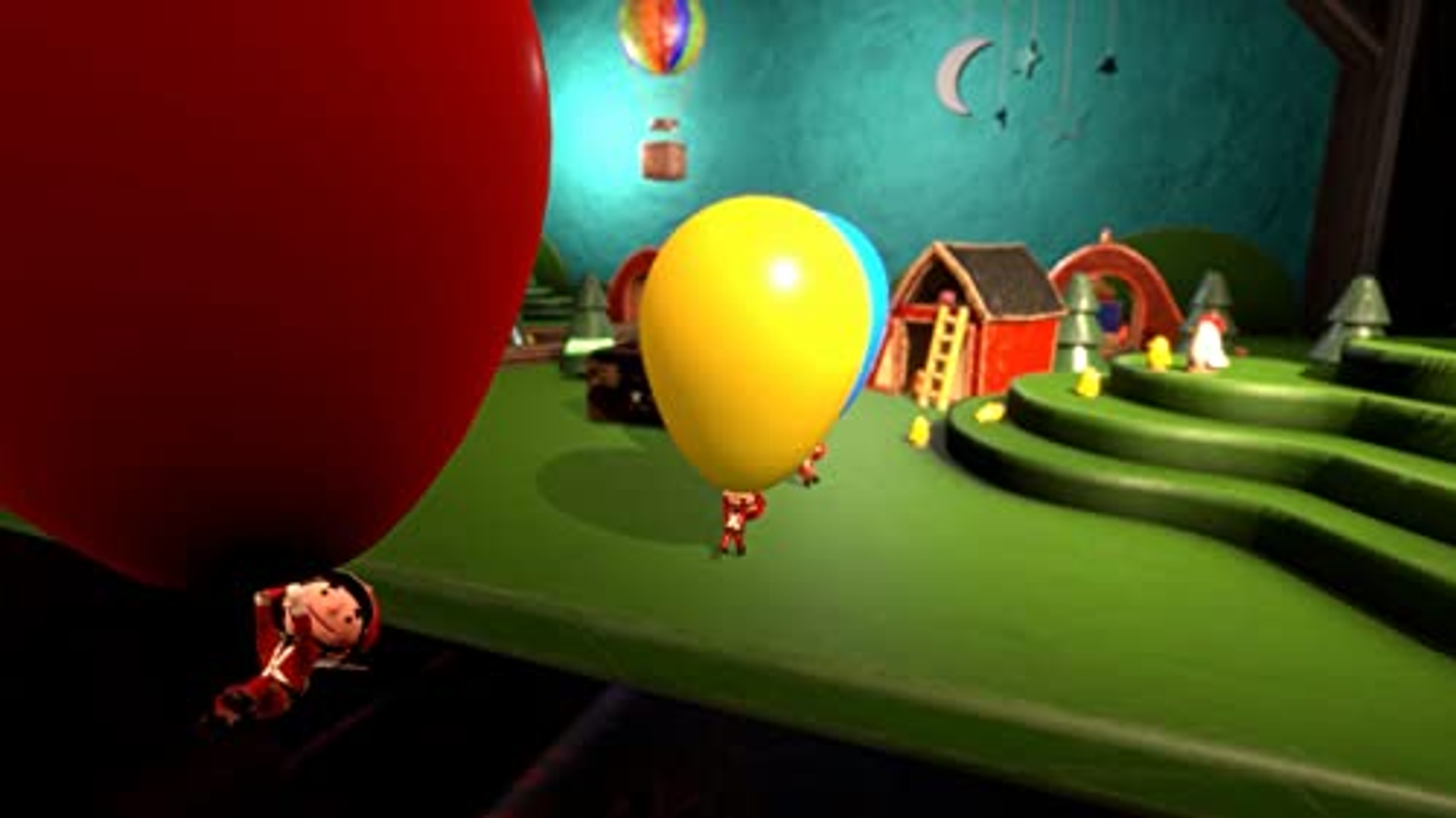 Escena de dibujos animados con un globo rojo y figuras de juguete. Es colorido.