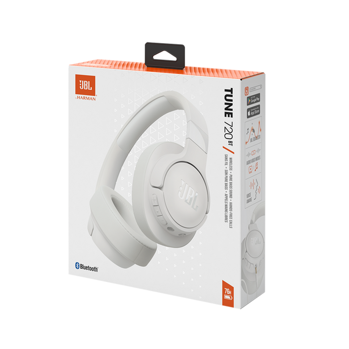 Białe słuchawki JBL Tune 720BT w pudełku, widok pod kątem.