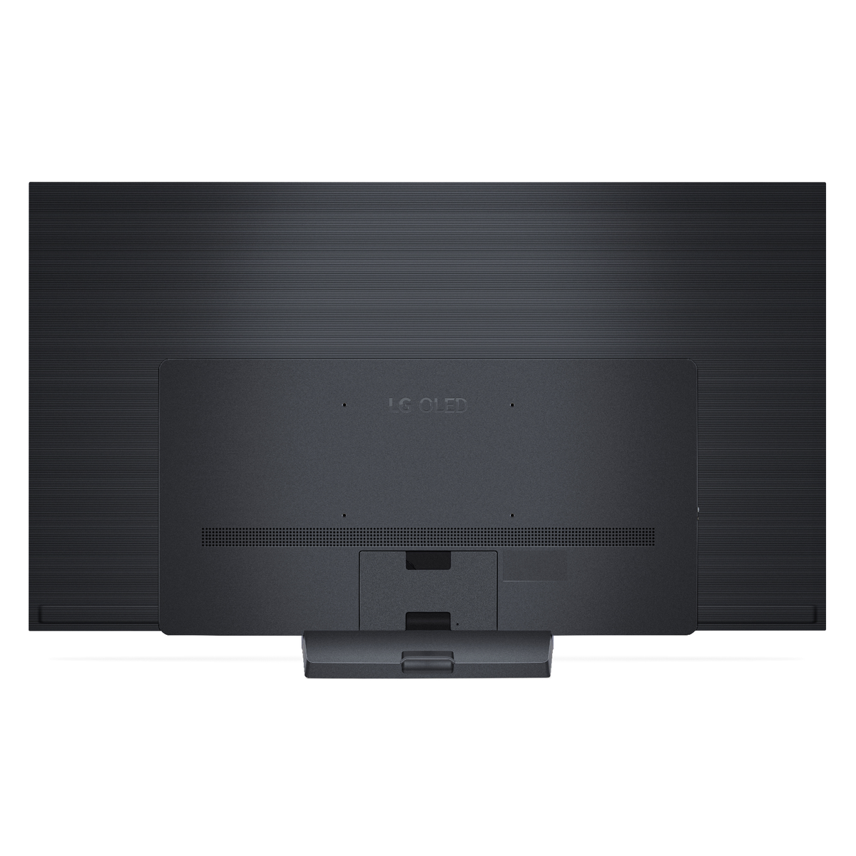 Parte trasera de un televisor LG OLED negro, mostrando puertos, soporte y superficie texturizada.