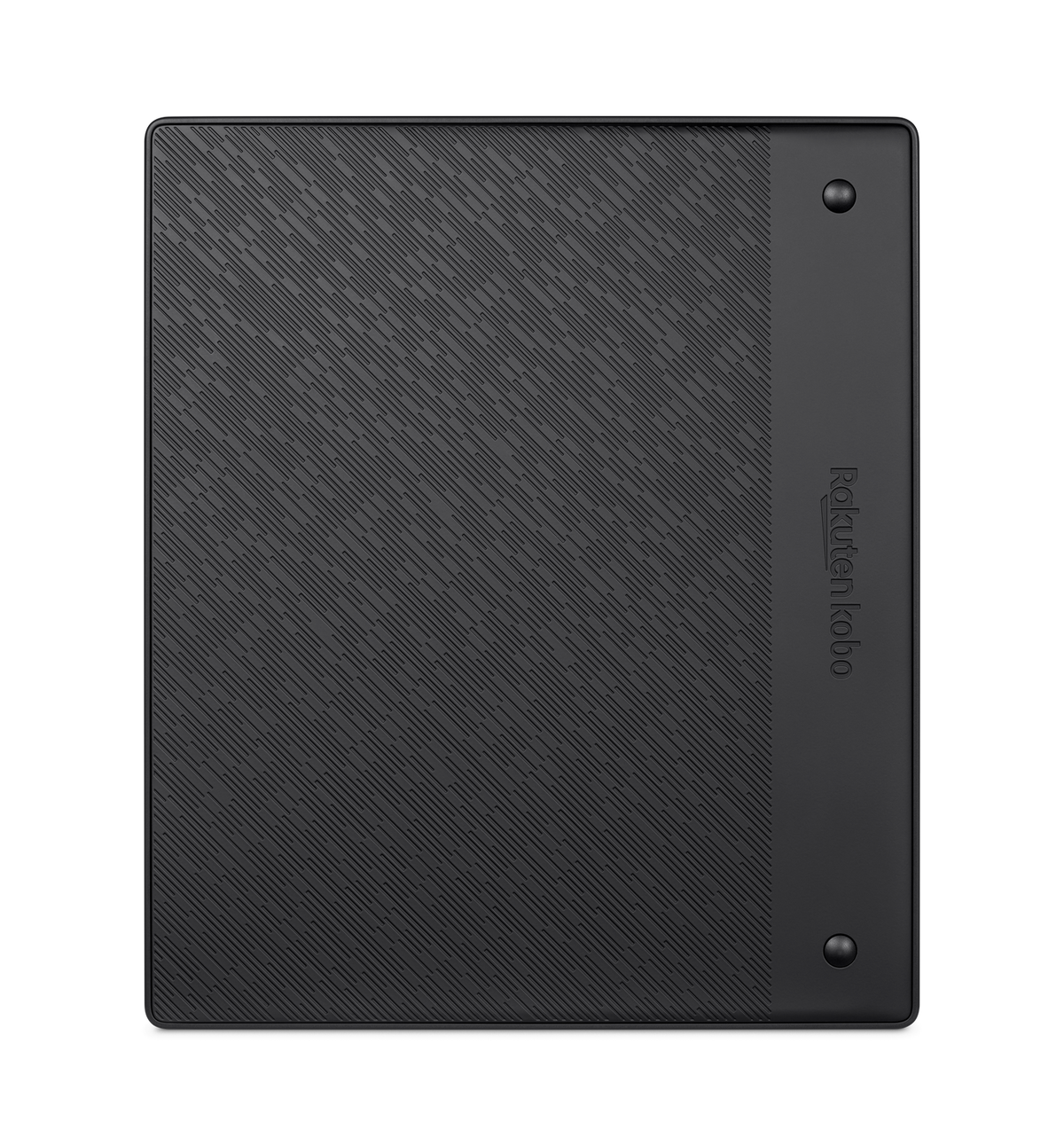 Czarny czytnik e-booków z teksturowanym tyłem na czarnym tle.