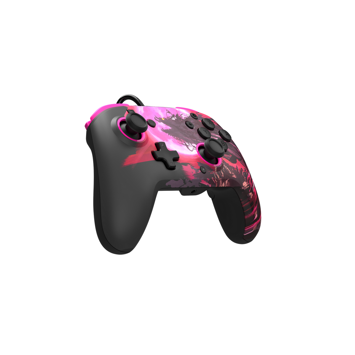 Czarny i szary kontroler z różowymi przyciskami, różowo-czerwonym wzorem i czarnym tłem.