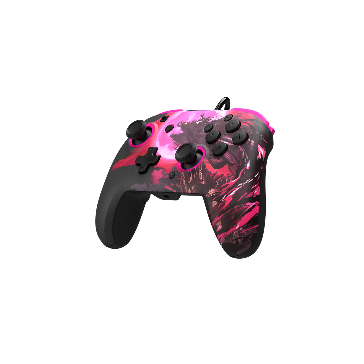 Czarno-szary kontroler z różowymi przyciskami i różowo-czerwonym wzorem na czarnym tle.