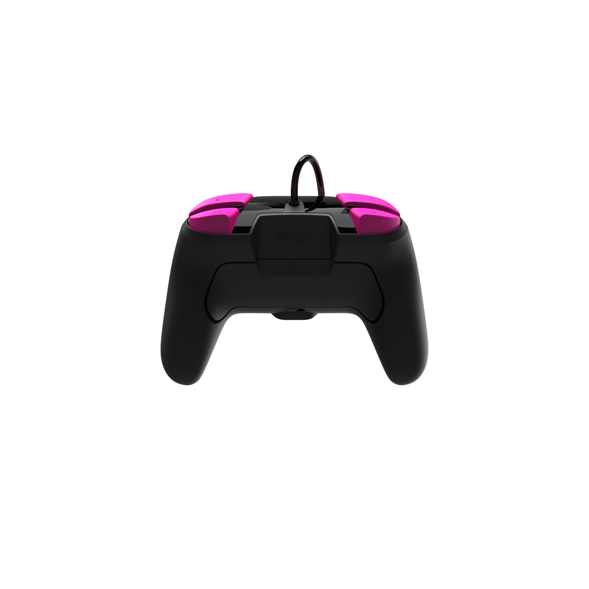 Czarny kontroler z różowymi przyciskami na czarnym tle. Widoczny jest tył kontrolera.