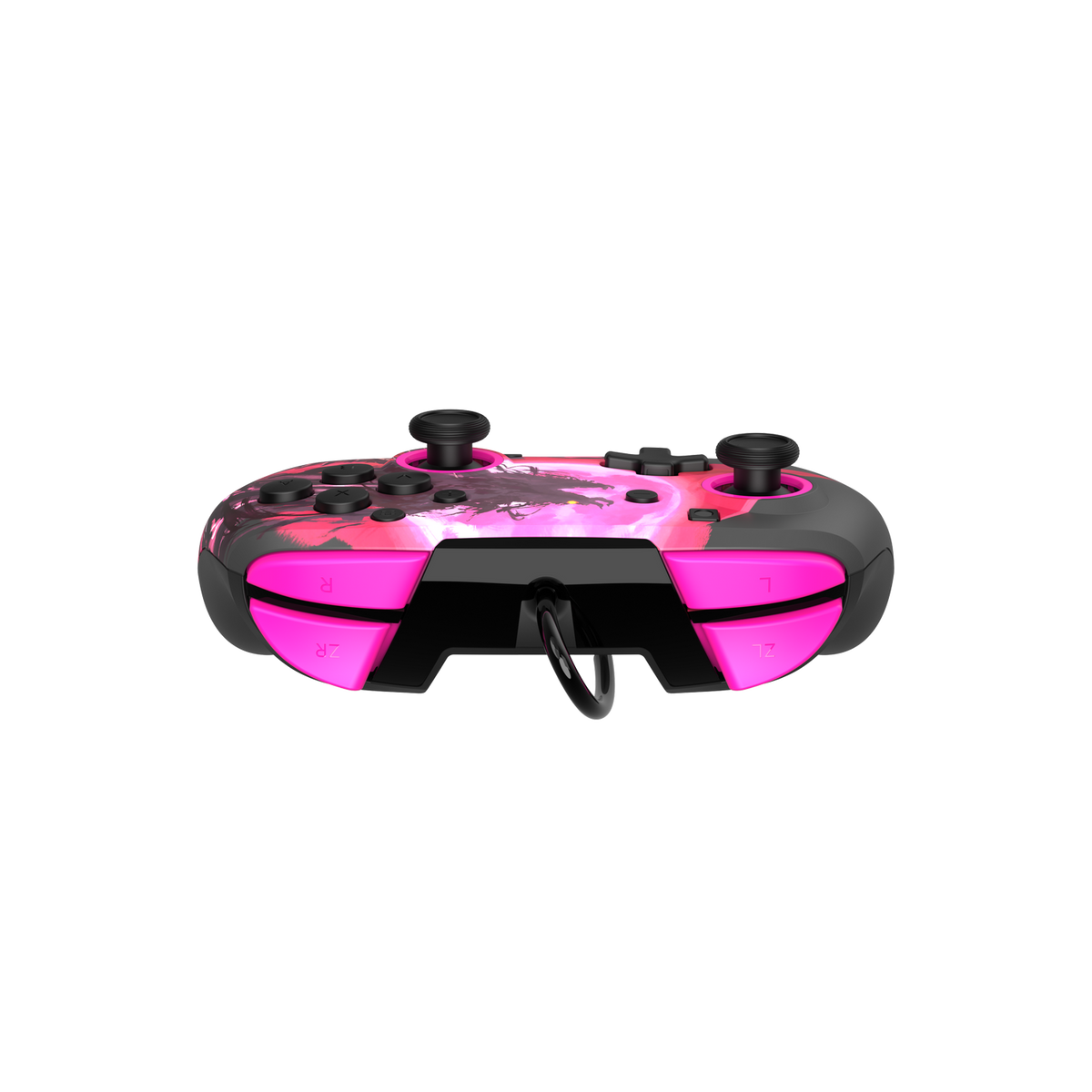 Czarny i szary kontroler z różowymi przyciskami i różowo-czerwonym wzorem na czarnym tle.