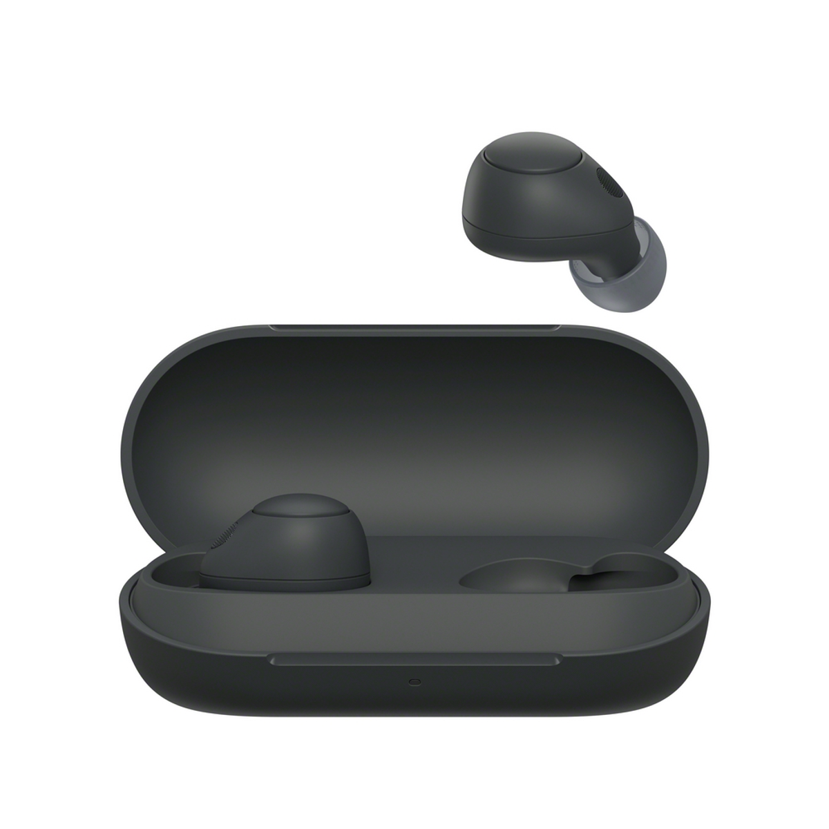 Auriculares inalámbricos negros dentro de un estuche de carga. El estuche está abierto.