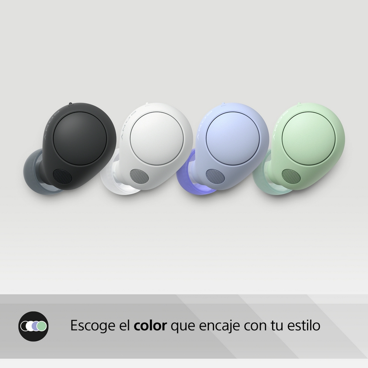 Vier kabellose Ohrhörer in verschiedenen Farben: Schwarz, Weiß, Blau und Grün.