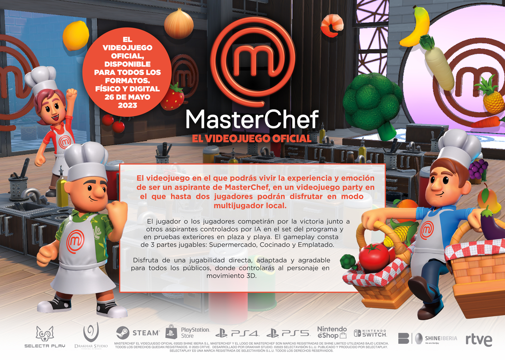 Anuncio del videojuego MasterChef con chefs de dibujos animados y comida. Título y fecha de lanzamiento.