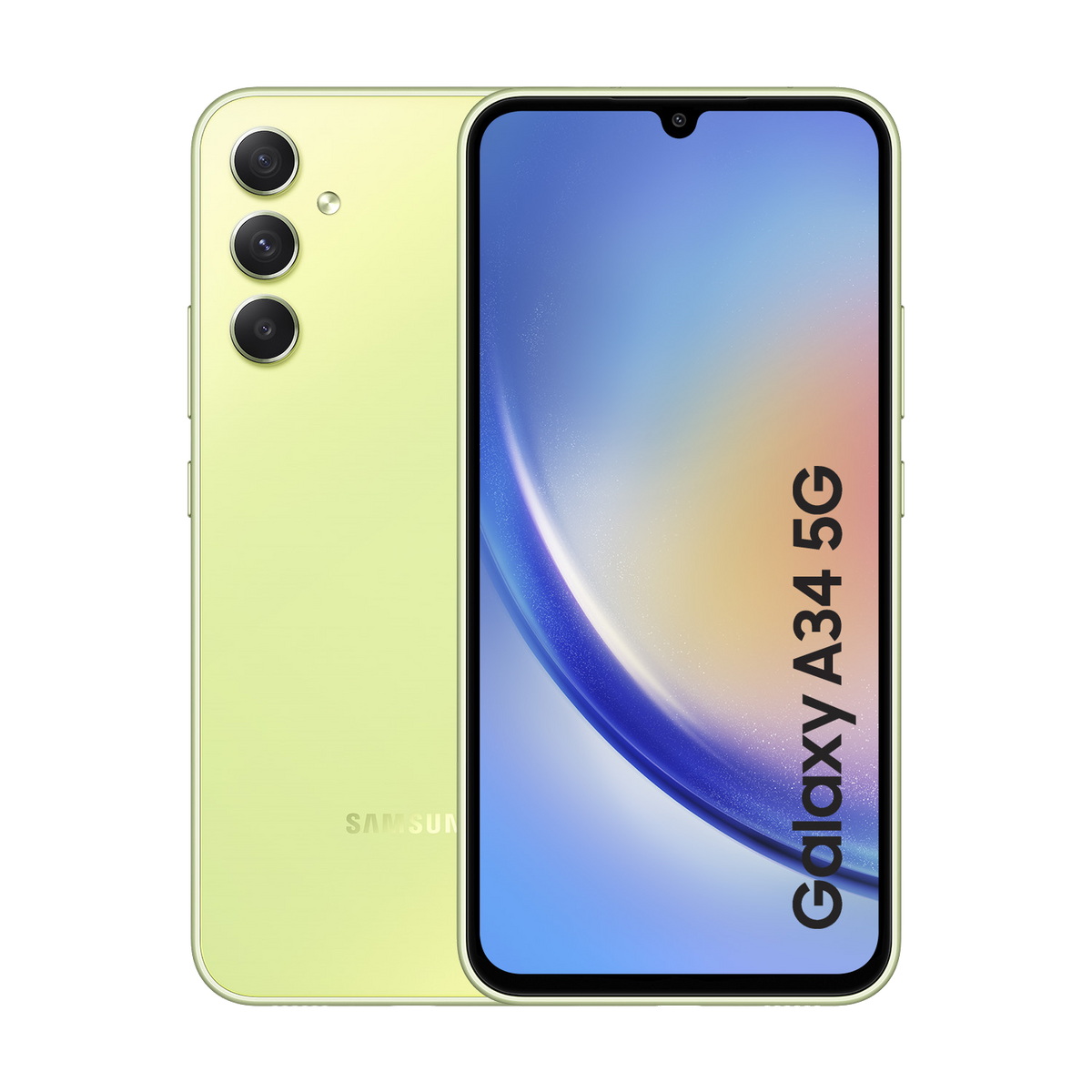 Żółty telefon Samsung Galaxy A34 5G, tył i przód. Wyświetlacz pokazuje krajobraz.