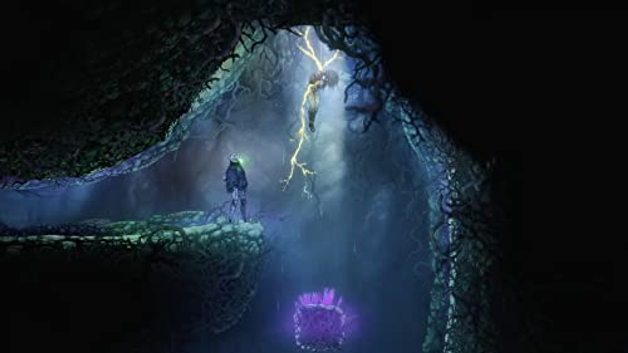 Scena fantasy oscura con una figura su una sporgenza, un cubo fluttuante e un fulmine.
