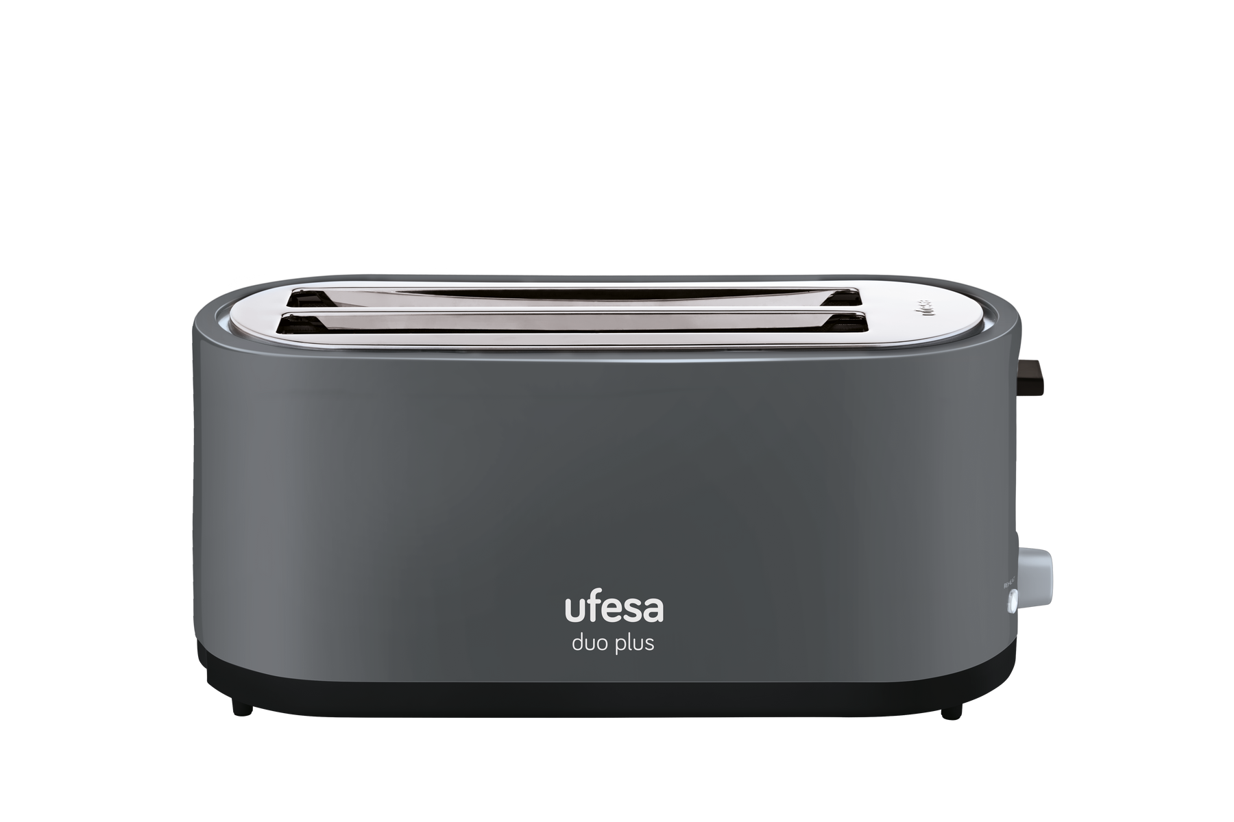 Ein grauer Ufesa Duo Plus Toaster mit zwei Schlitzen und einem weißen Hintergrund.